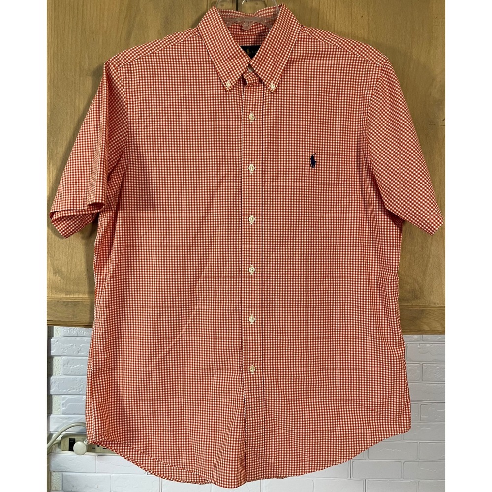 Ralph Lauren Button Down Shirt Mens L Orange Gingham Excellent Short Sleeve Pony